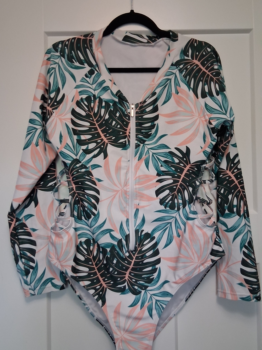 2X Zip-Front Tropical Leaf Long Sleeve Swimsuit Cut Outs - Green & Blush